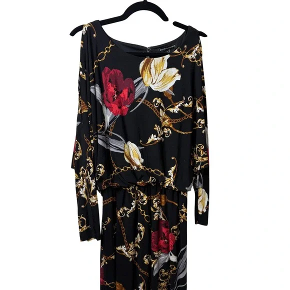 Boston Proper Black Floral Blouson Dress Baroque Chain Print Italian Style Sz M - Picture 3 of 10
